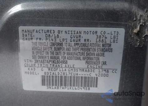 2019 Nissan Sentra Sv из США, поврежденный, VIN 3N1AB7AP1KL604958